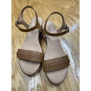 Crevo Vana Sandals Womens 7 Brown Leather Ankle Strap Buckle Wedge Heel S64